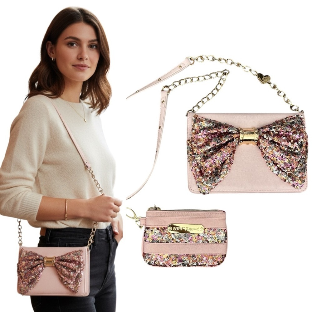 BETSEY JOHNSON Pink Sequin Bow Crossbody Matching Change Purse Set R $156